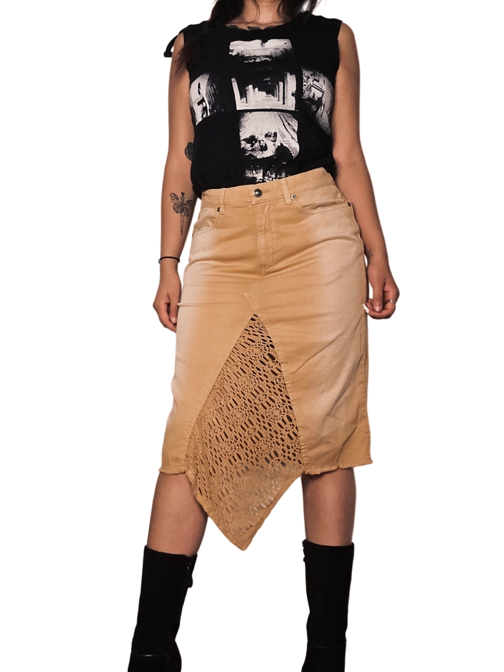 Y2k XOXO Tan Denim Crotchet Midi Skirt!